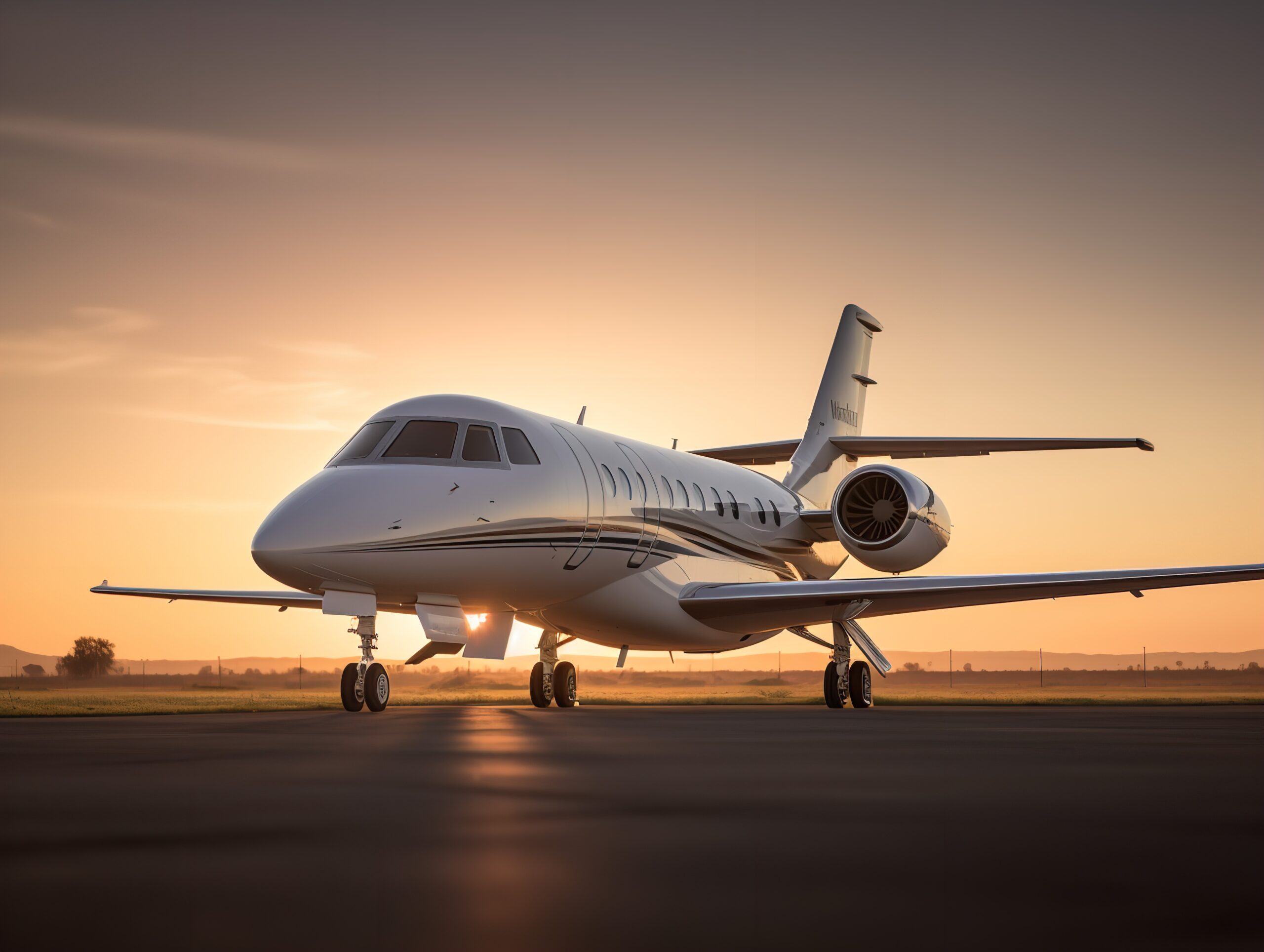 A sleek private jet, the Cessna Citation Latitude, is parked on a remote airfield at sunset. The white and silver body of the aircraft gleams in the evening light, reflecting the hues of the dusk sky. The tail stands tall, emblazoned with a unique logo. Large, well-polished windows run down the length of the fuselage, hinting at a spacious interior.